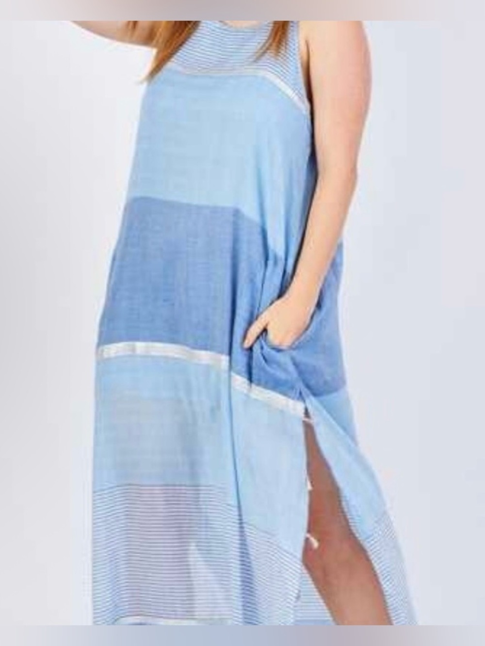 Lula Soul Blue Striped Cotton Maxi Dress with Side Slit and Tassels - Size XS